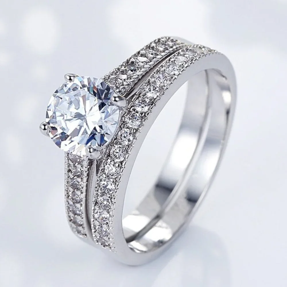 🎁925 Silver Plated 2 PCs CZ Lovely Wedding Couple Ring, GPMB1397